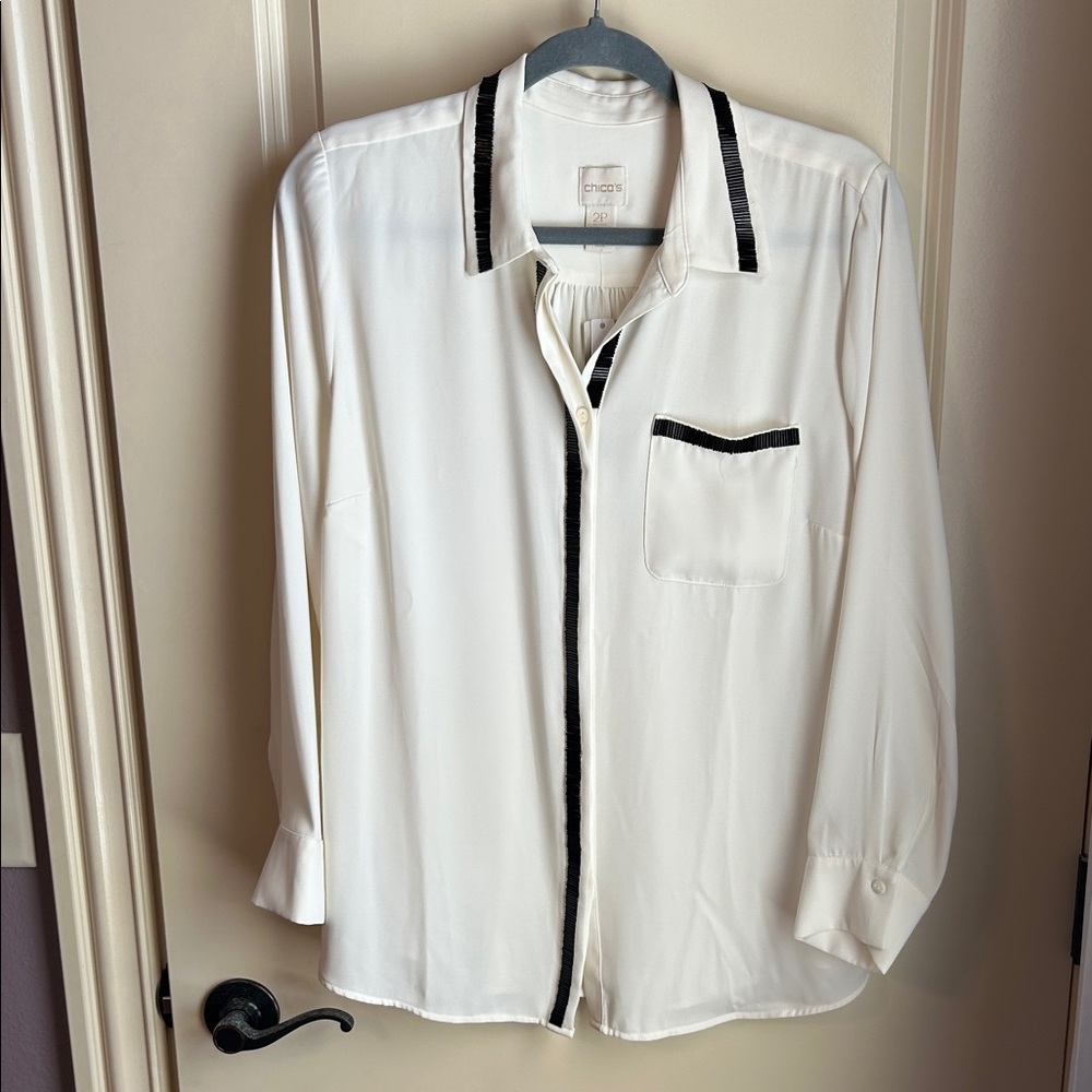 Chico's Cream Silky Blouse with Black Accents
#009